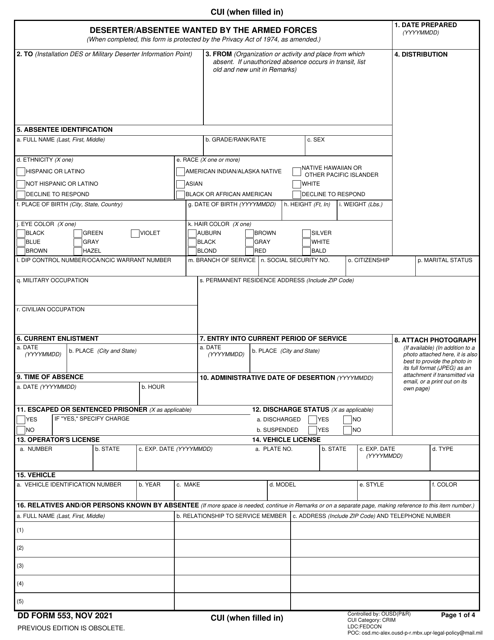 DD Form 553 Deserter/Absentee Wanted by the Armed Forces