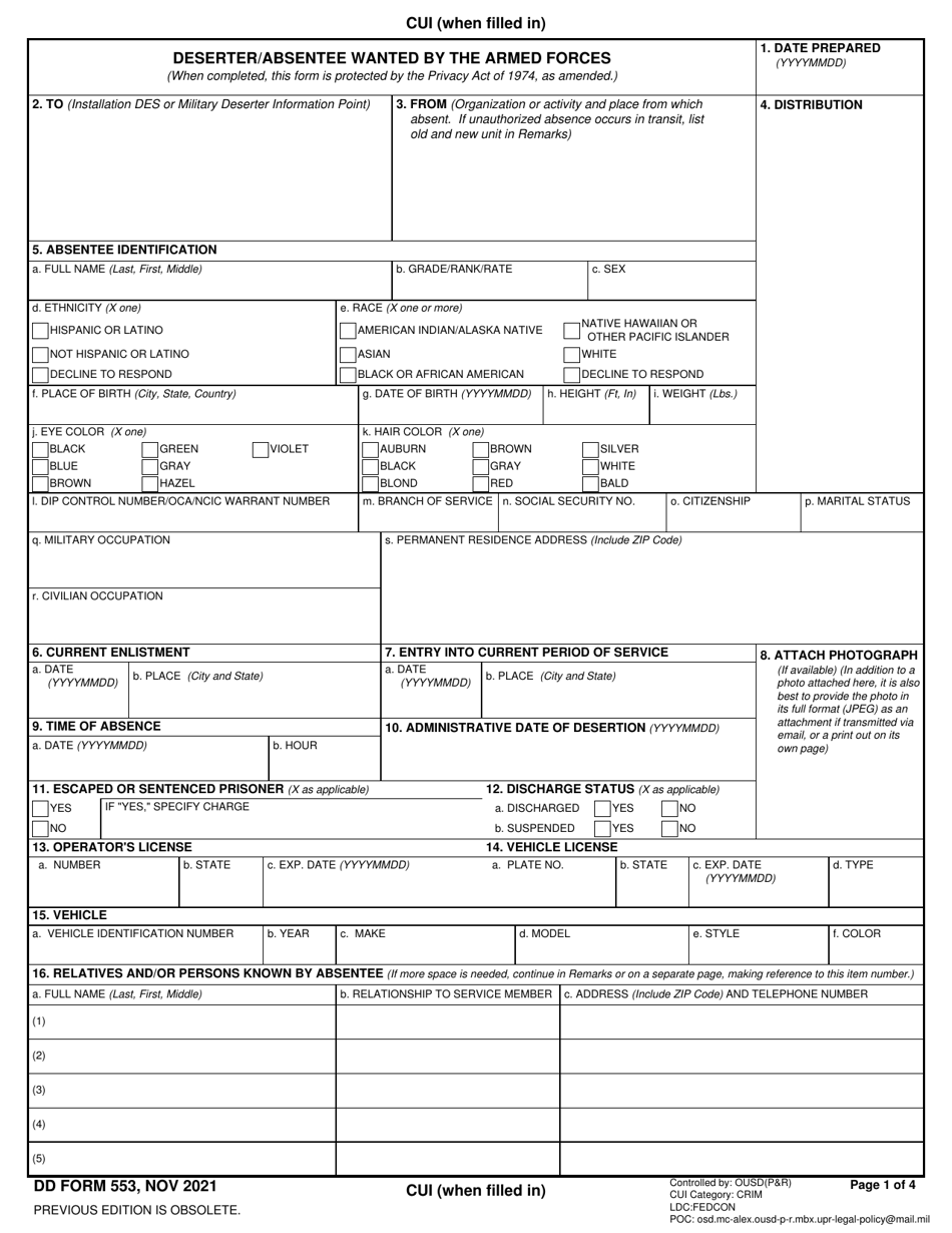 DD Form 553 Deserter / Absentee Wanted by the Armed Forces, Page 1