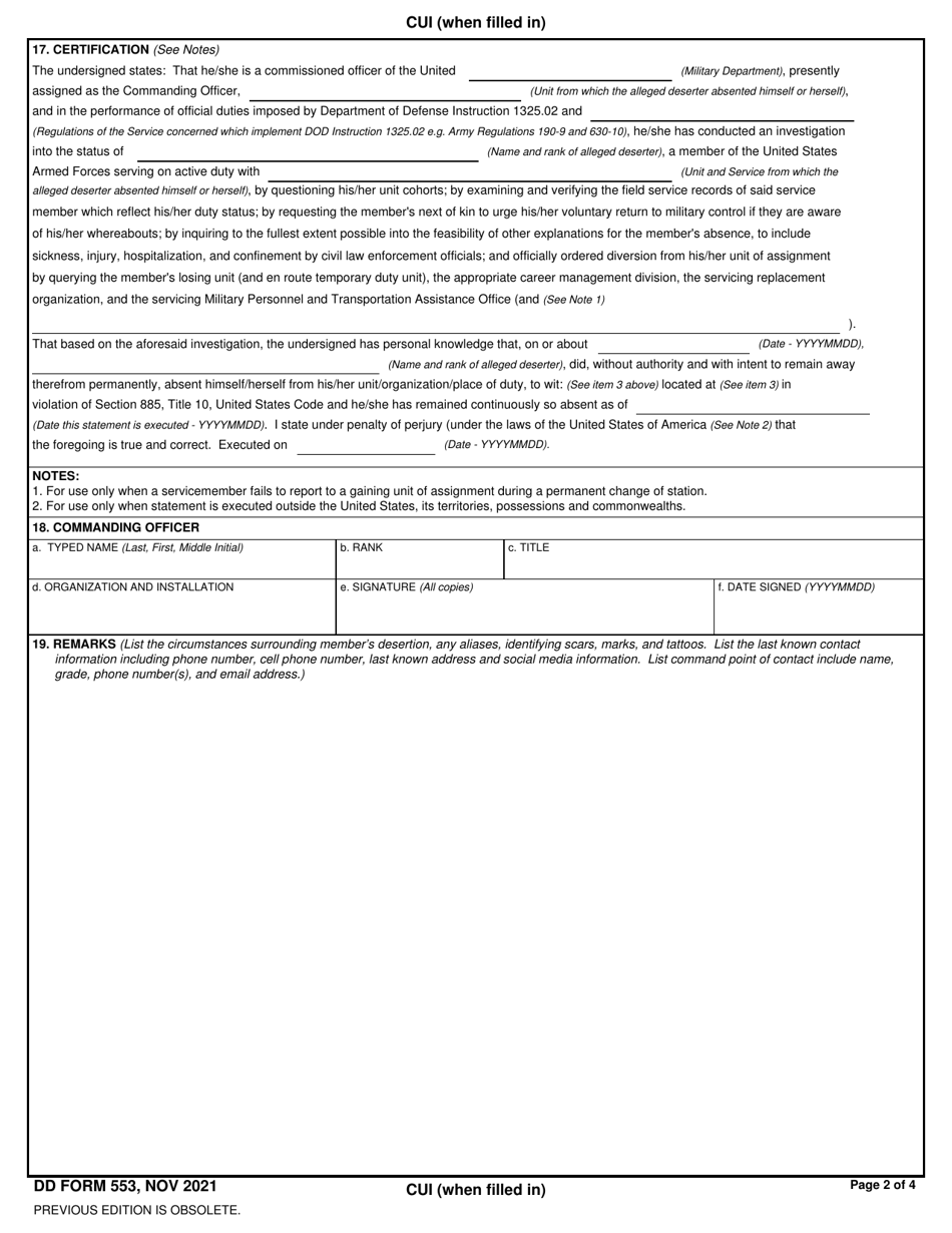 DD Form 553 Deserter / Absentee Wanted by the Armed Forces, Page 2