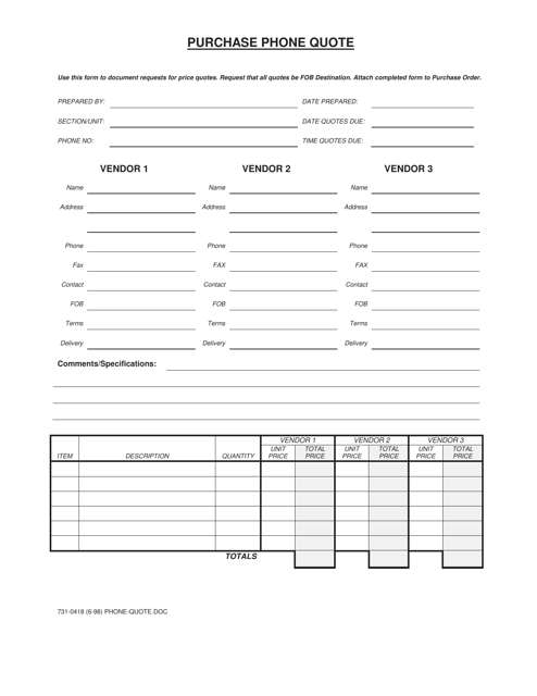 AGR Form 731-0418 Purchase Phone Quote - Washington