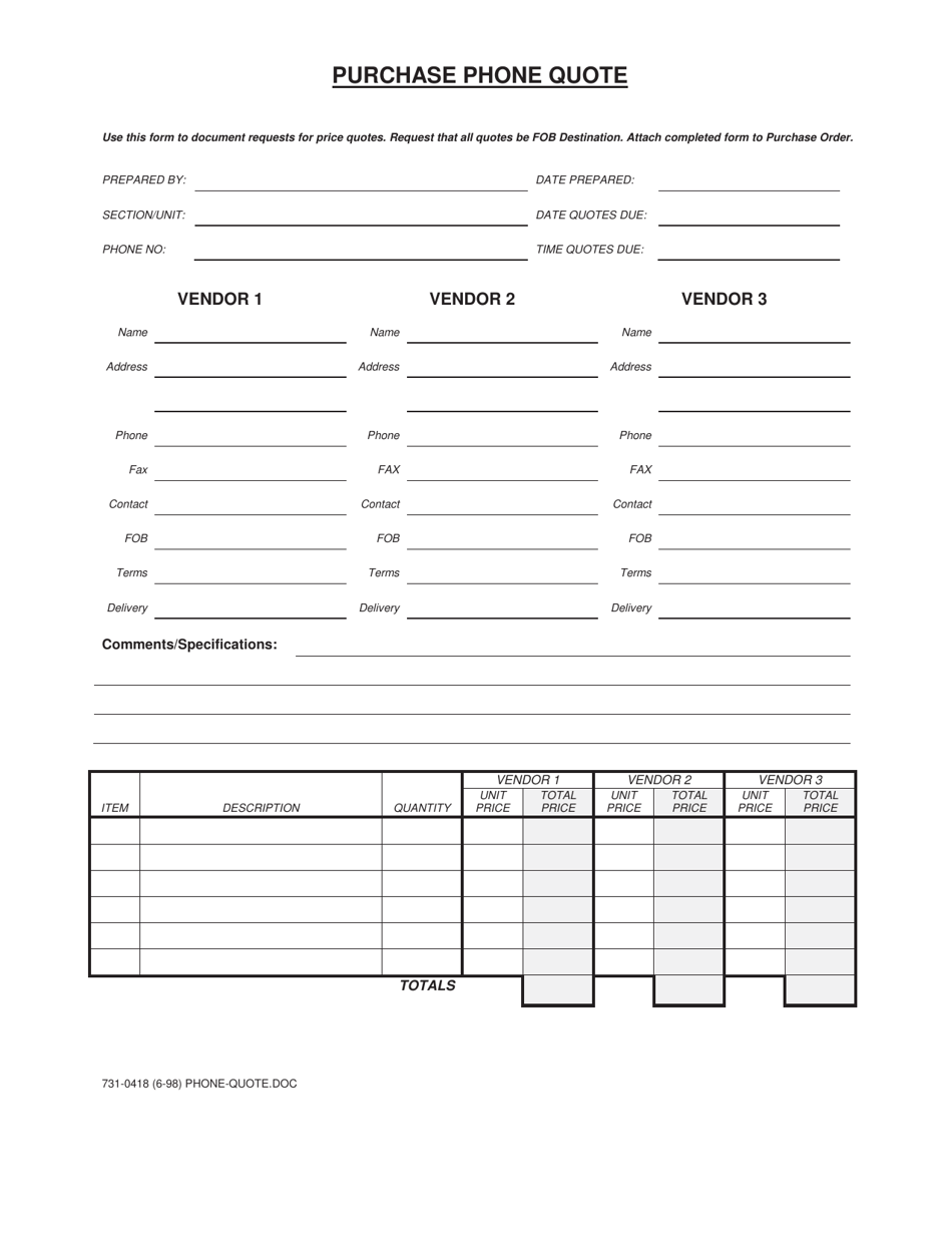 AGR Form 731-0418 Purchase Phone Quote - Washington, Page 1