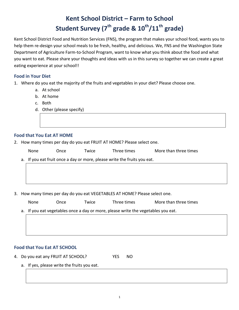 Student Survey (7th Grade  10th / 11th Grade) - Farm to School - Washington, Page 1