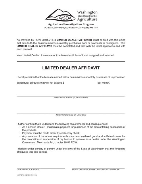 AGR Form 802-7012 Limited Dealer Affidavit - Washington