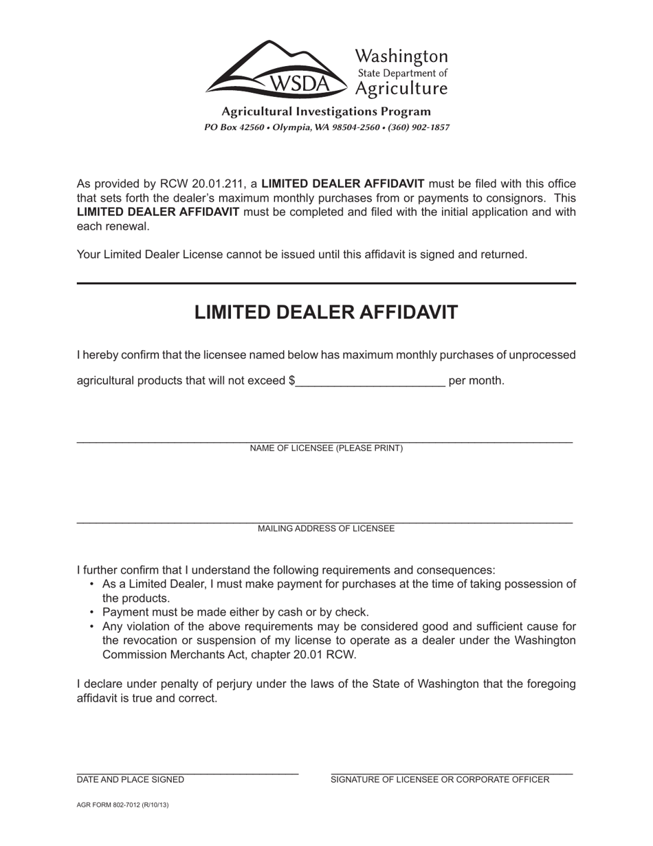 AGR Form 802-7012 Limited Dealer Affidavit - Washington, Page 1