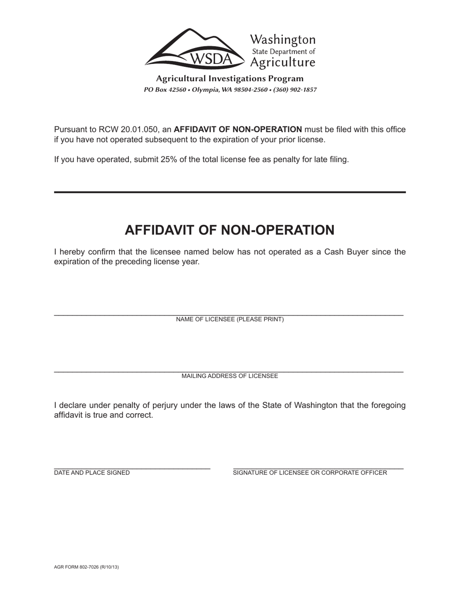 AGR Form 802-7026 Affidavit of Non-operation - Washington, Page 1