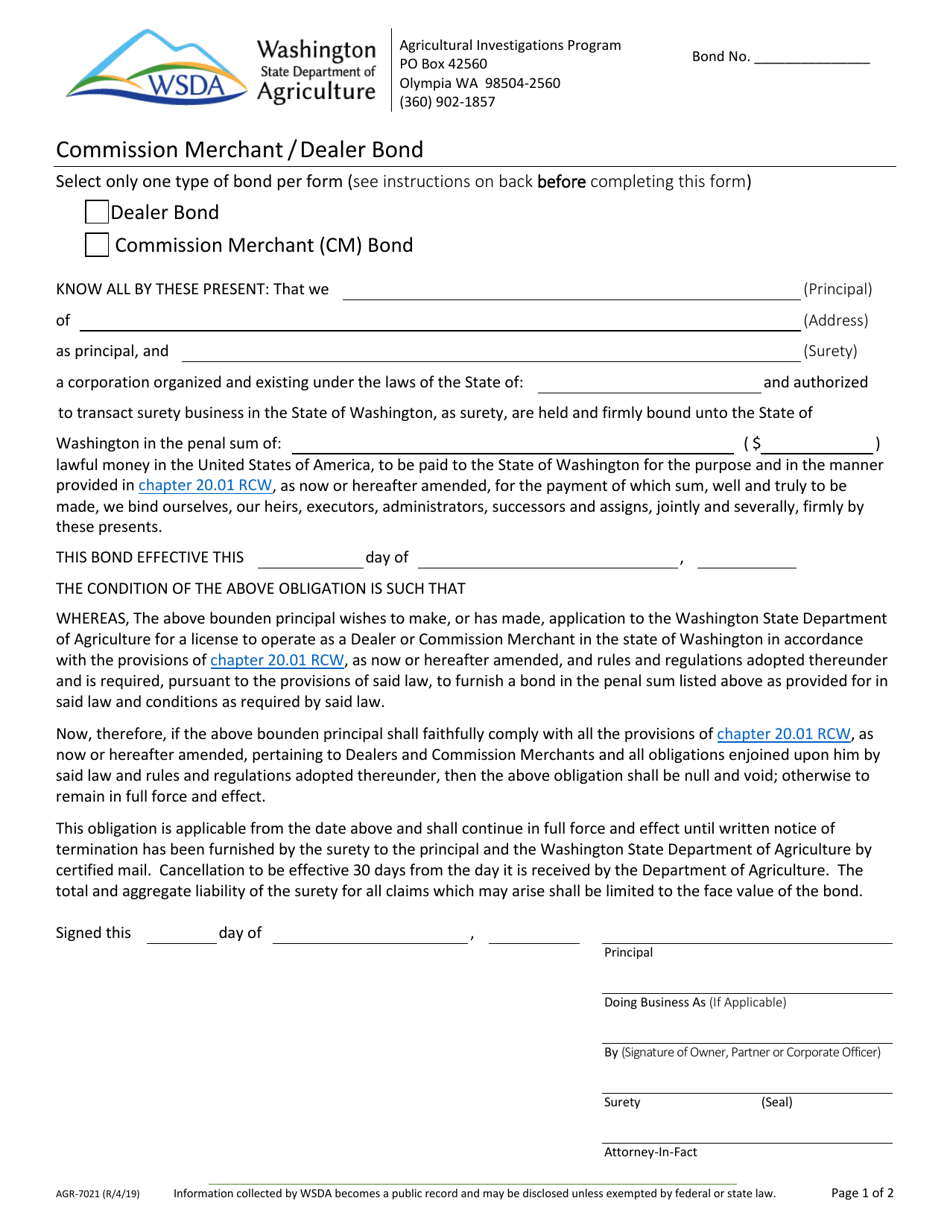 AGR Form 7021 Commission Merchant / Dealer Bond - Washington, Page 1
