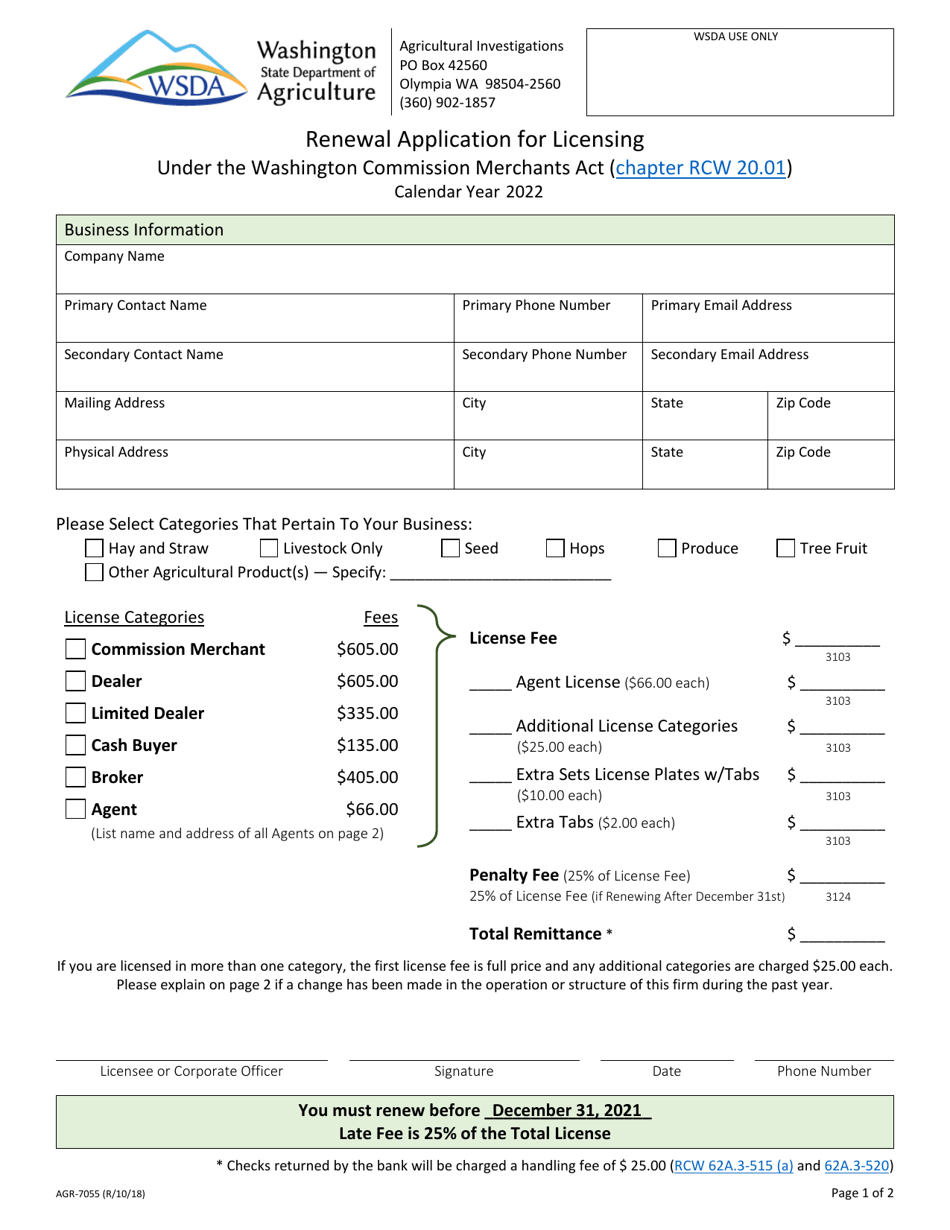 AGR Form 7055 Renewal Application for Licensing - Washington, Page 1