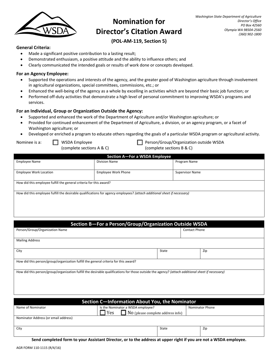 AGR Form 110-1115 Nomination for Directors Citation Award - Washington, Page 1