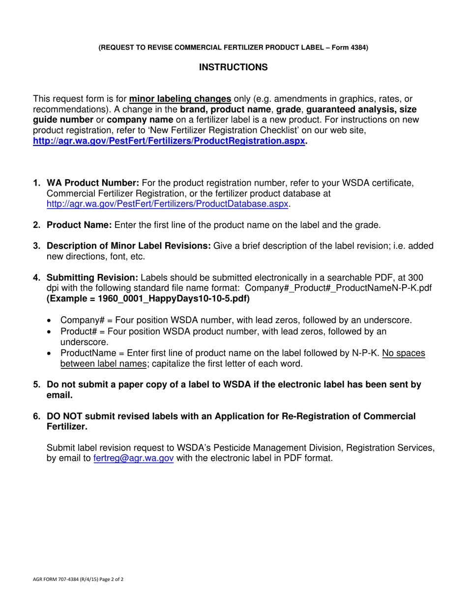 AGR Form 707-4384 Request to Revise Commercial Fertilizer Product Label - Washington, Page 2
