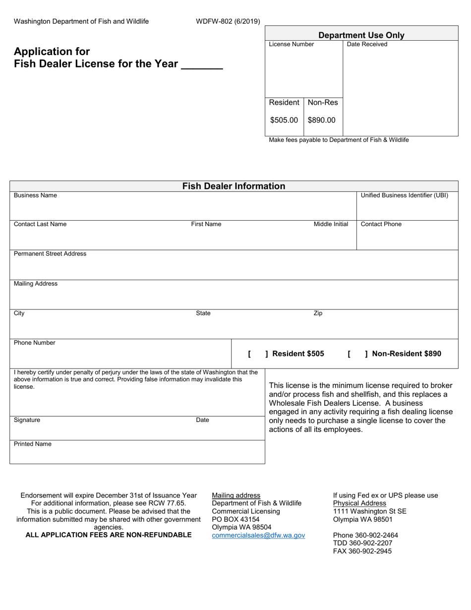 Form WDFW-802 Application for Fish Dealer License - Washington, Page 1