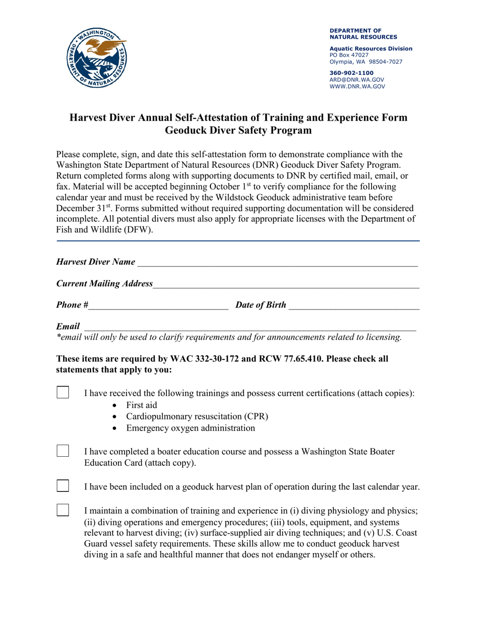 Harvest Diver Annual Self-attestation of Training and Experience Form - Geoduck Diver Safety Program - Washington, Page 1