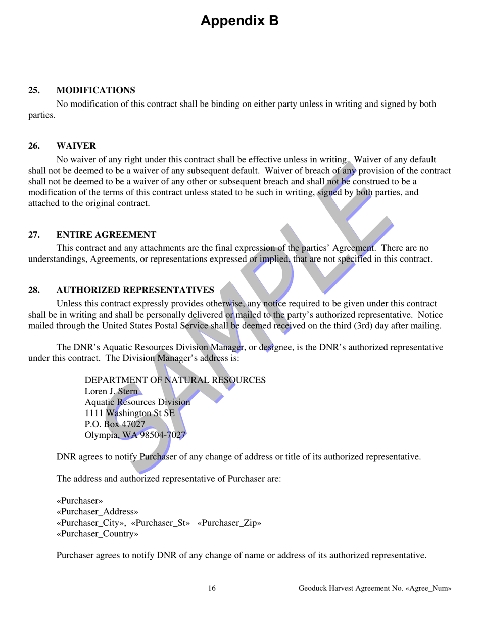 Appendix B Geoduck Harvesting Agreement and Contract of Sale - Sample - Washington, Page 16