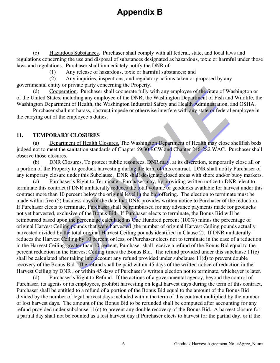 Appendix B Geoduck Harvesting Agreement and Contract of Sale - Sample - Washington, Page 6