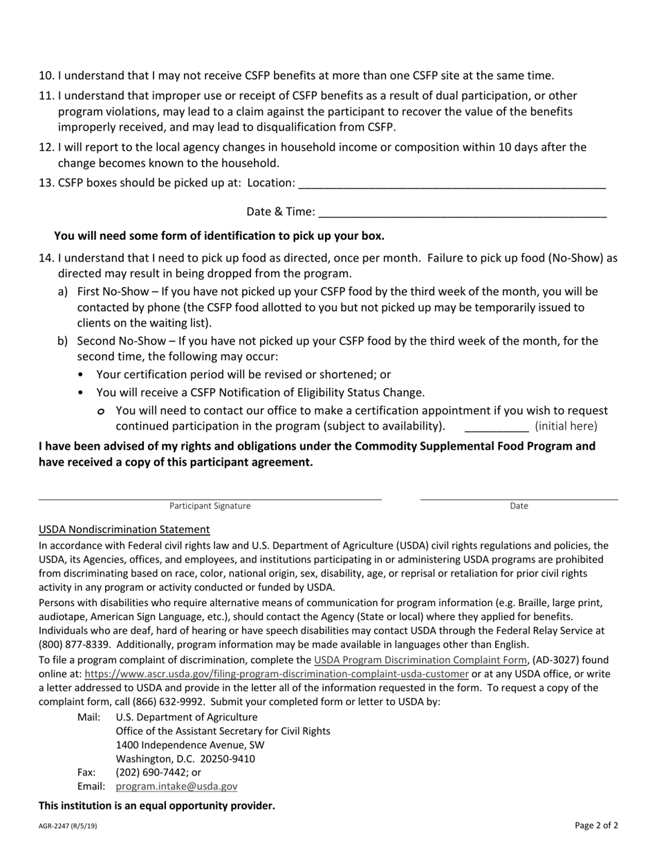 Form AGR-2247 Participant Agreement (Rights  Responsibilities) - Commodity Supplemental Food Program (Csfp) - Washington, Page 2