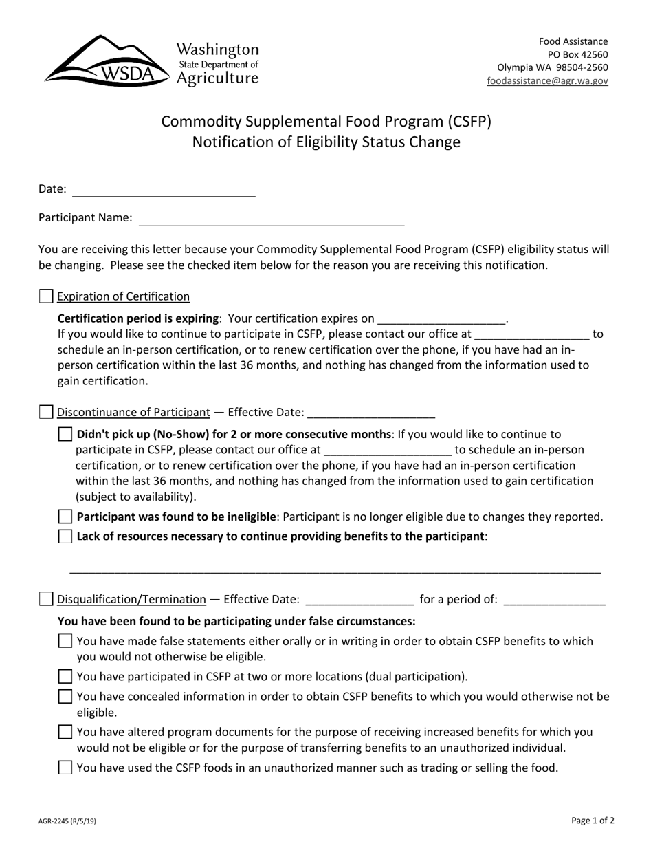 Form AGR-2245 Notification of Eligibility Status Change - Commodity Supplemental Food Program (Csfp) - Washington, Page 1