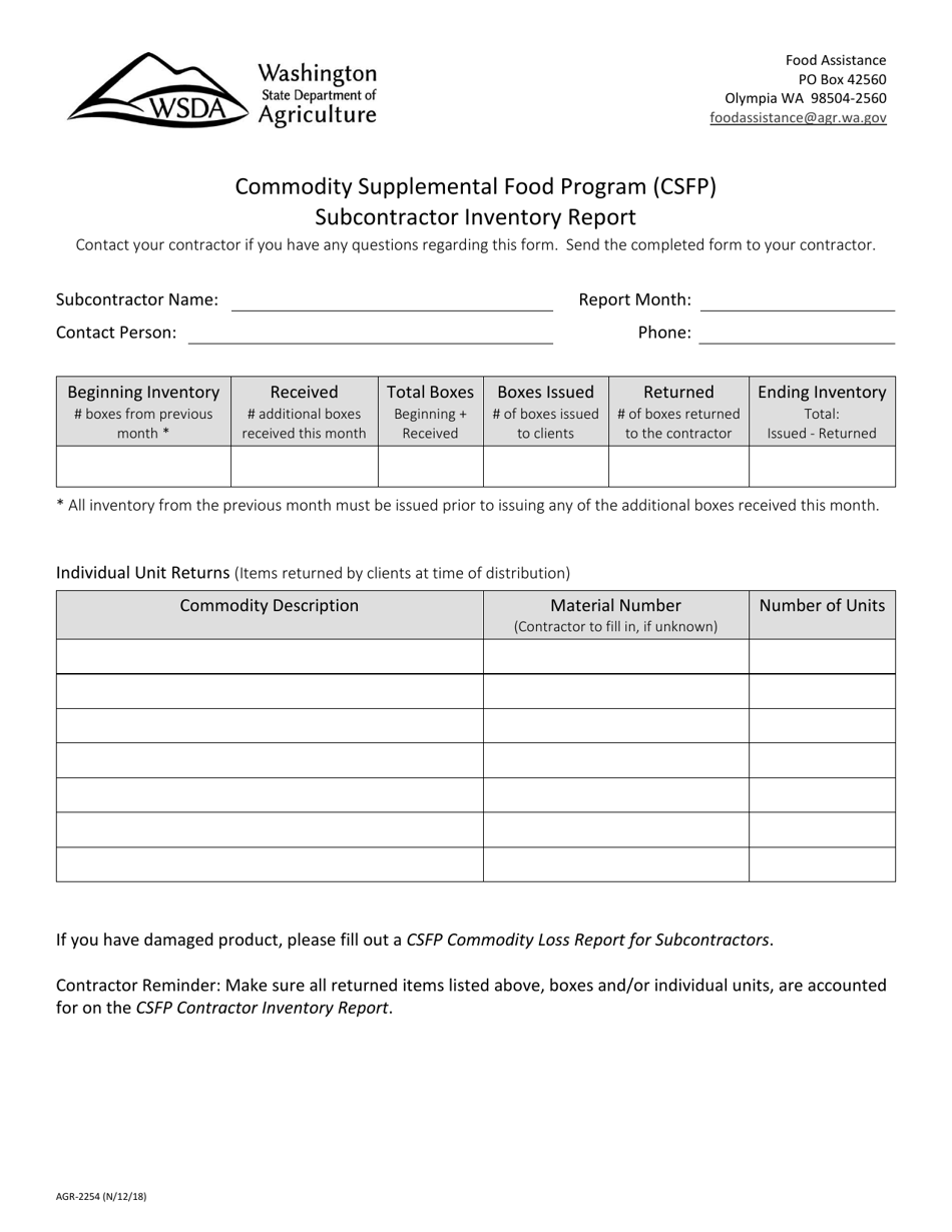AGR Form 2254 Subcontractor Inventory Report - Commodity Supplemental Food Program (Csfp) - Washington, Page 1