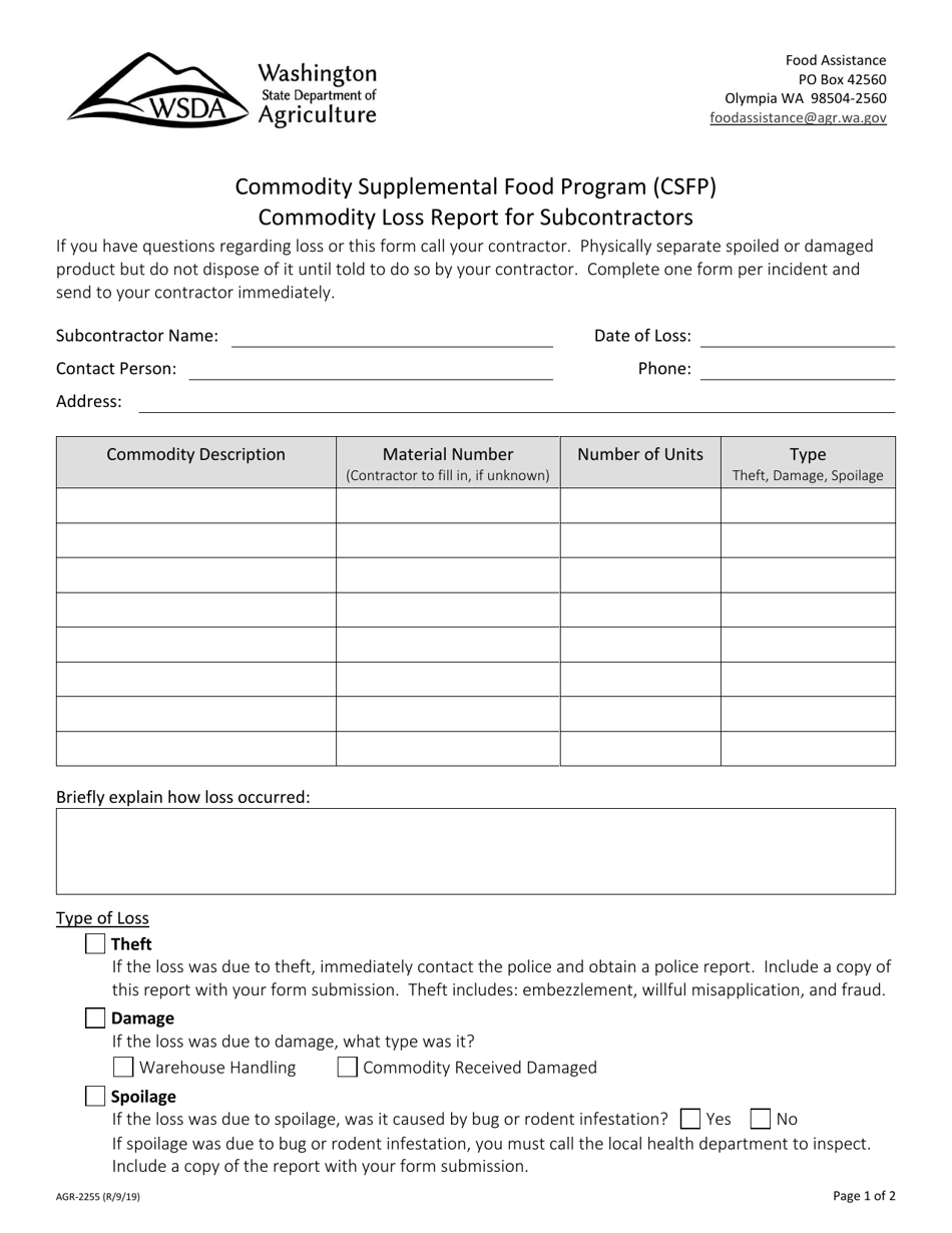 AGR Form 2255 Commodity Loss Report for Subcontractors - Commodity Supplemental Food Program (Csfp) - Washington, Page 1