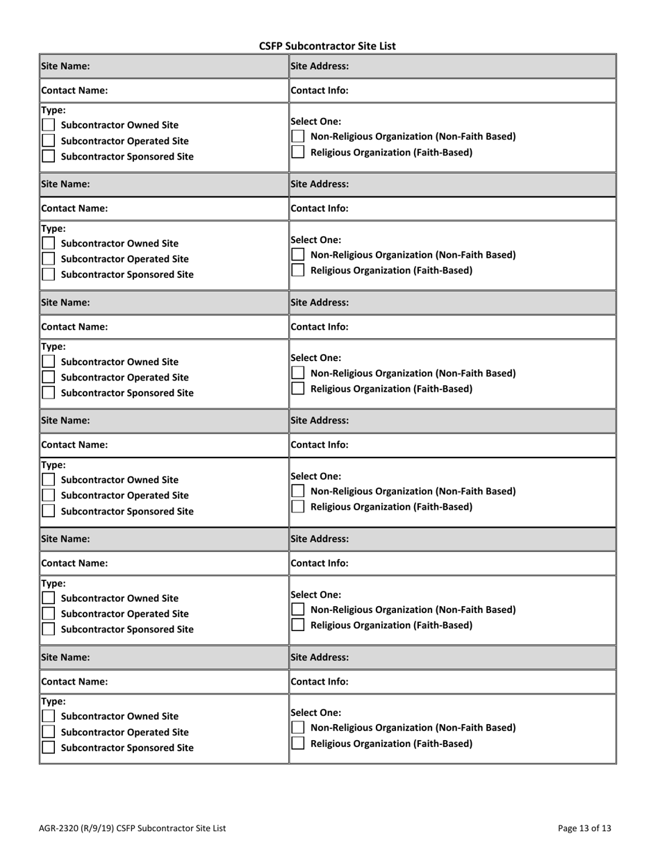 AGR Form 2320 Commodity Supplemental Food Program (Csfp) Subcontract - Washington, Page 13