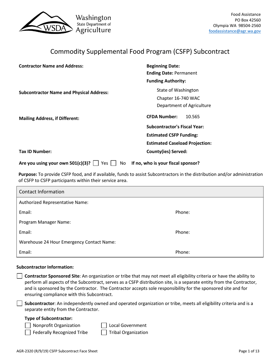AGR Form 2320 Commodity Supplemental Food Program (Csfp) Subcontract - Washington, Page 1