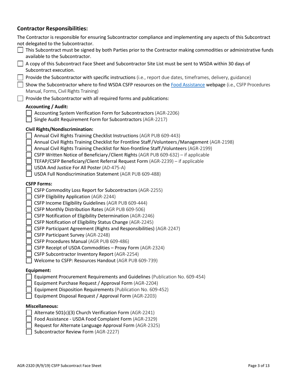 AGR Form 2320 Commodity Supplemental Food Program (Csfp) Subcontract - Washington, Page 3