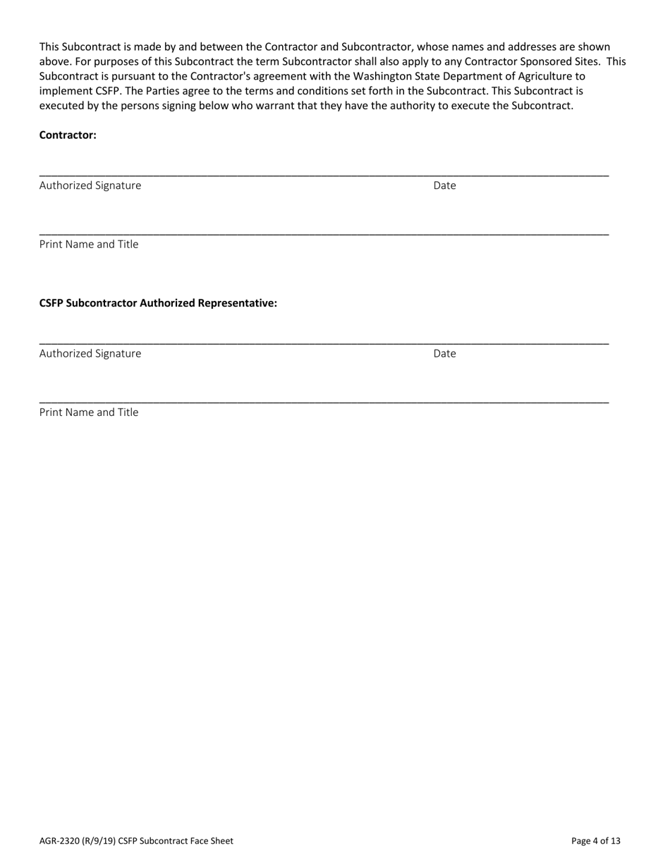 AGR Form 2320 Commodity Supplemental Food Program (Csfp) Subcontract - Washington, Page 4