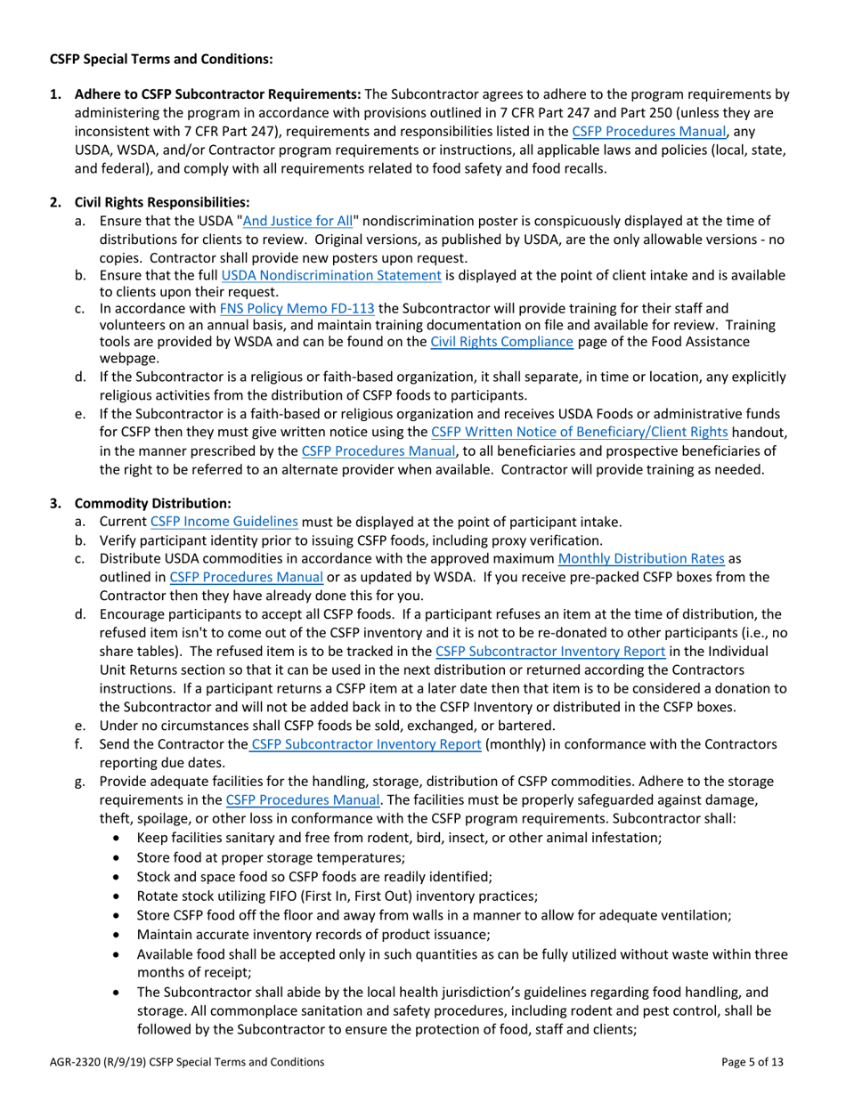 AGR Form 2320 Commodity Supplemental Food Program (Csfp) Subcontract - Washington, Page 5