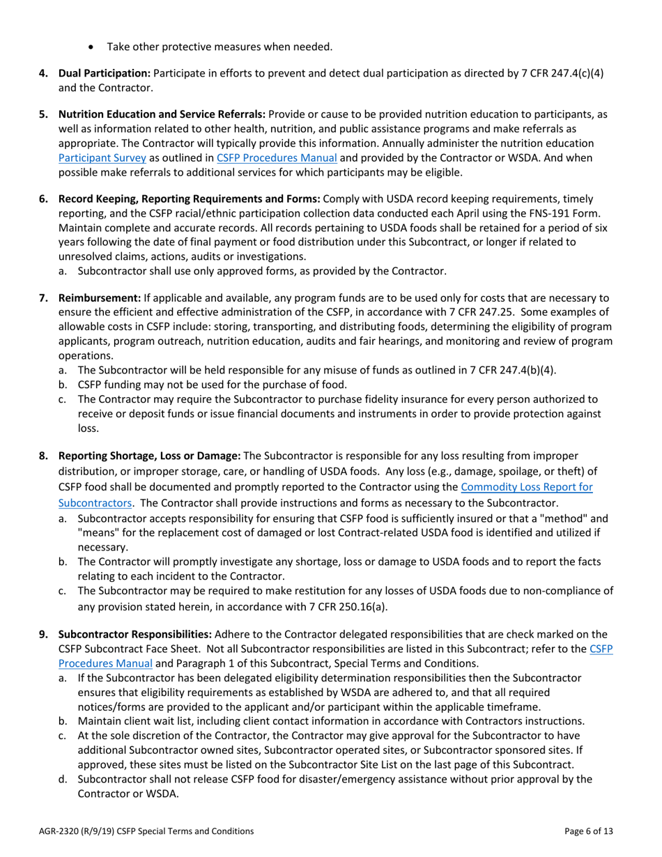 AGR Form 2320 Commodity Supplemental Food Program (Csfp) Subcontract - Washington, Page 6