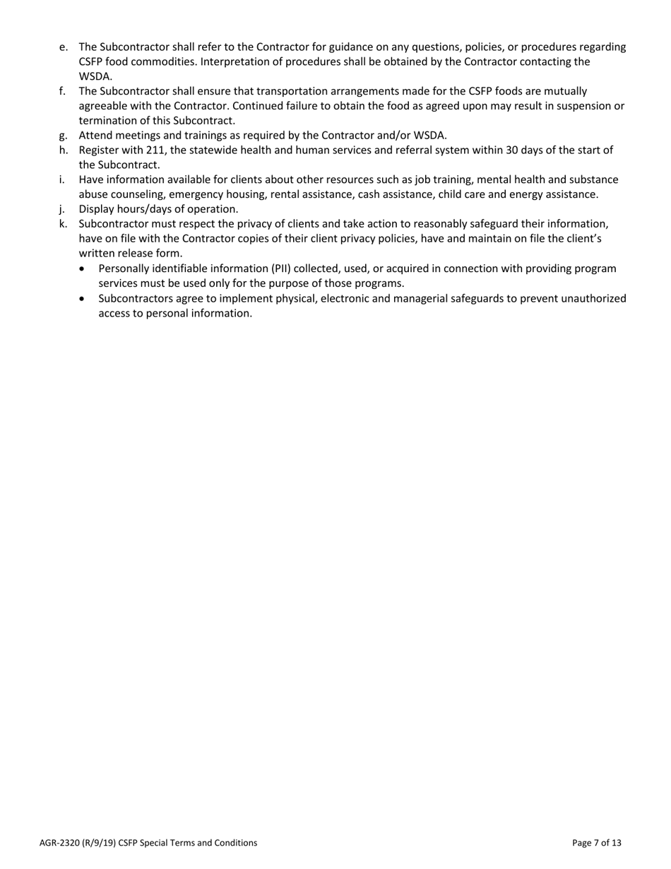 AGR Form 2320 Commodity Supplemental Food Program (Csfp) Subcontract - Washington, Page 7