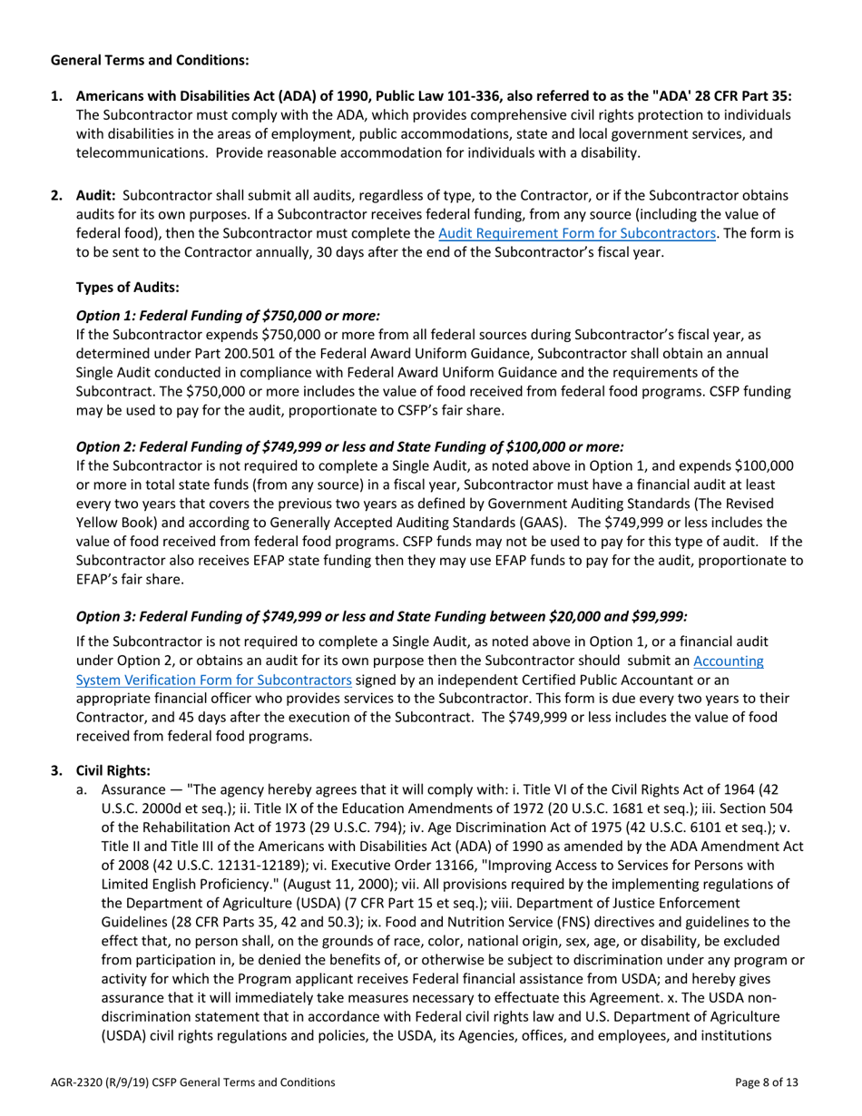 AGR Form 2320 Commodity Supplemental Food Program (Csfp) Subcontract - Washington, Page 8