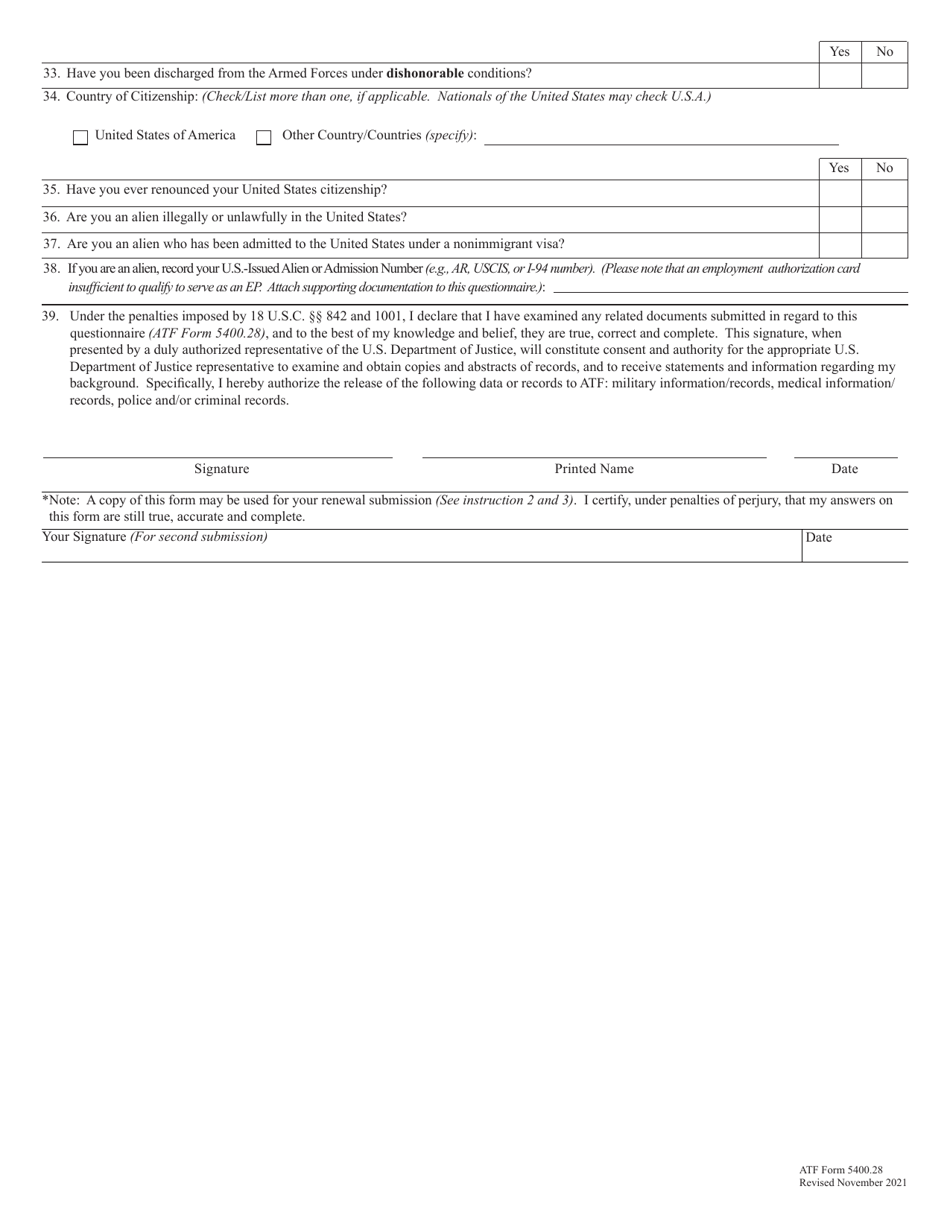 ATF Form 5400.28 Explosives Employee Possessor Questionnaire, Page 2