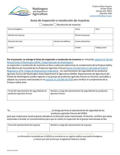 AGR Formulario 2331 Aviso De Inspeccion O Recoleccion De Muestras - Washington (Spanish)