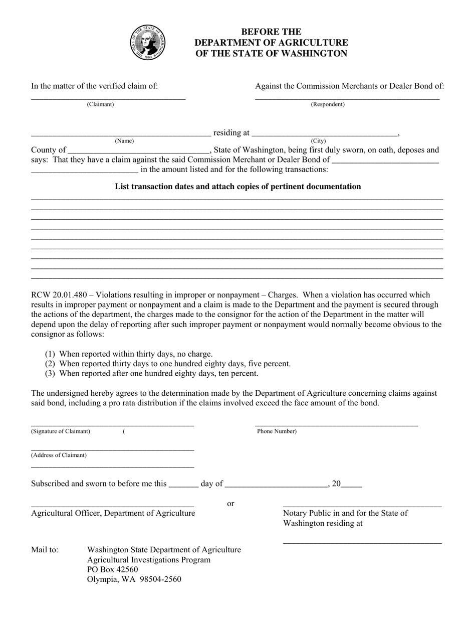 Washington Agricultural Investigations Bond Claim Fill Out, Sign