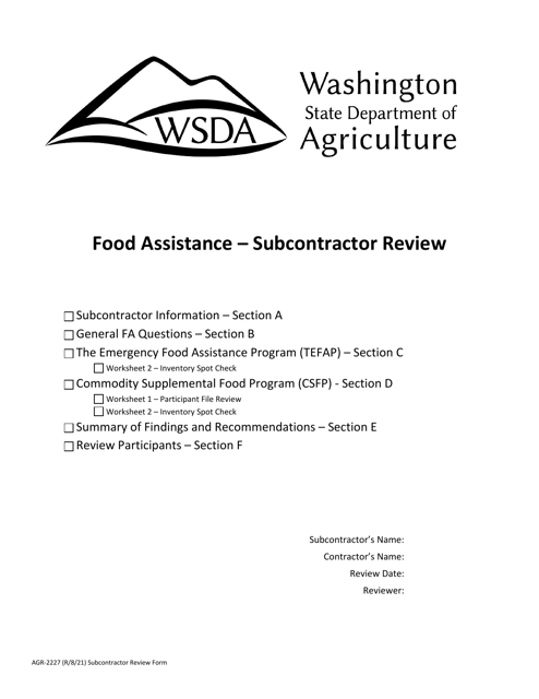 AGR Form 2227 Food Assistance - Subcontractor Review - Washington