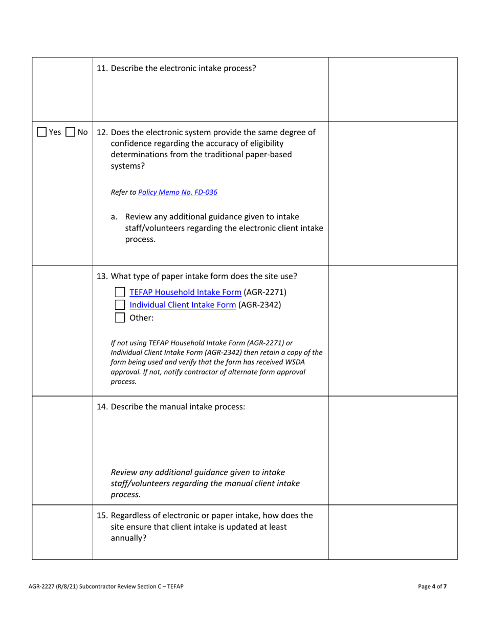 AGR Form 2227 Food Assistance - Subcontractor Review - Washington, Page 15