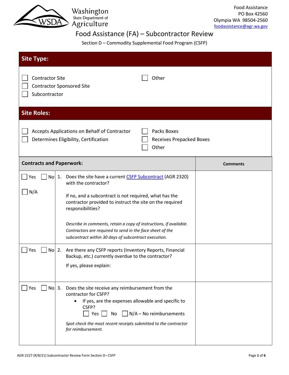 AGR Form 2227 Food Assistance - Subcontractor Review - Washington, Page 19