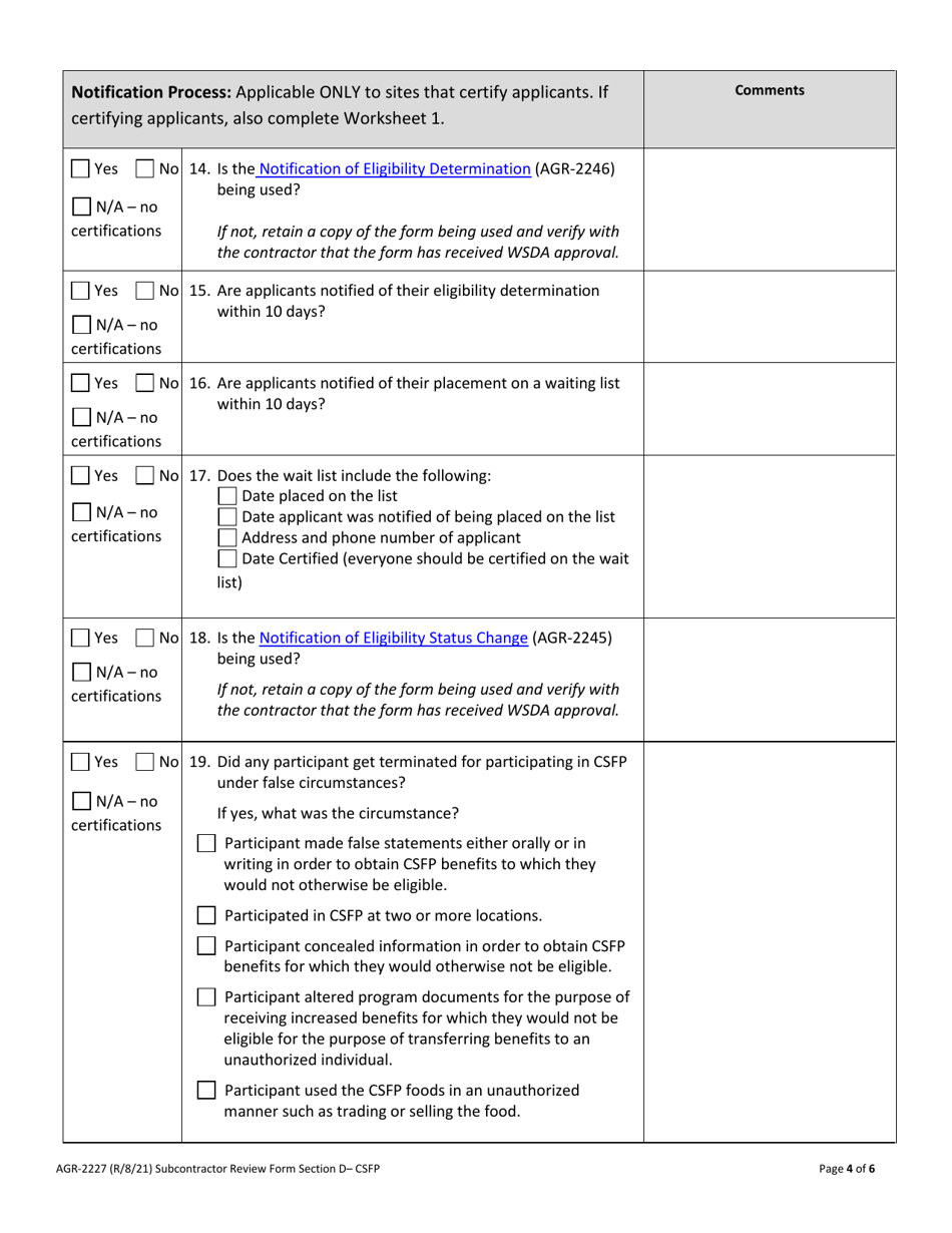 AGR Form 2227 Food Assistance - Subcontractor Review - Washington, Page 22