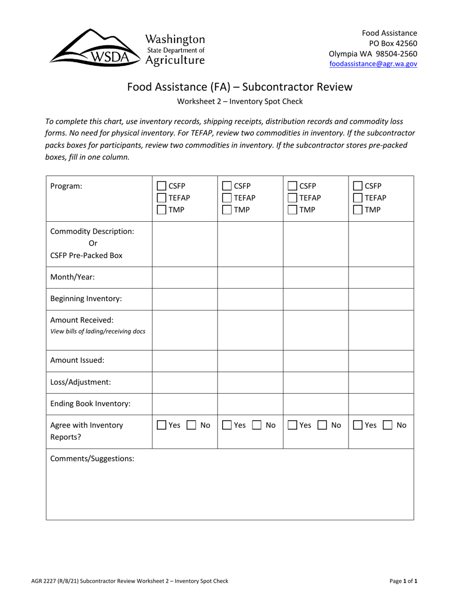AGR Form 2227 Food Assistance - Subcontractor Review - Washington, Page 31
