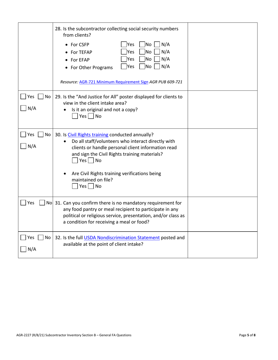 AGR Form 2227 Food Assistance - Subcontractor Review - Washington, Page 8