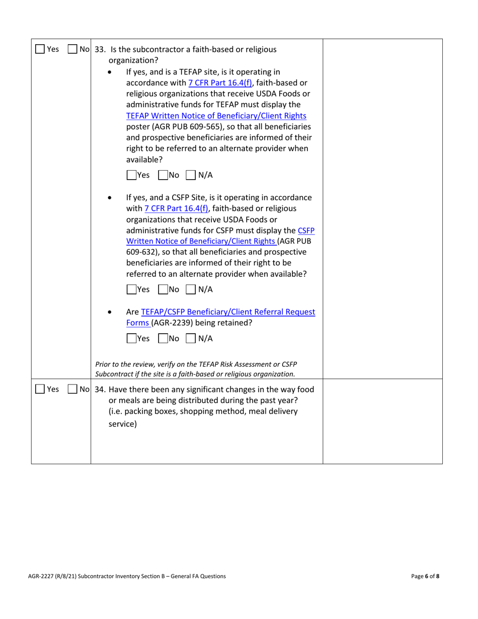 AGR Form 2227 Food Assistance - Subcontractor Review - Washington, Page 9