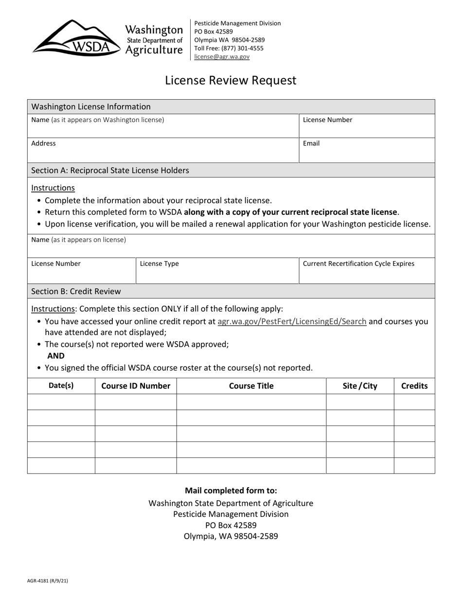 AGR Form 4181 License Review Request - Washington, Page 1
