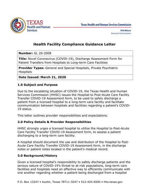 Hospital to Post-acute Care Facility Transfer - Covid-19 Assessment - Texas