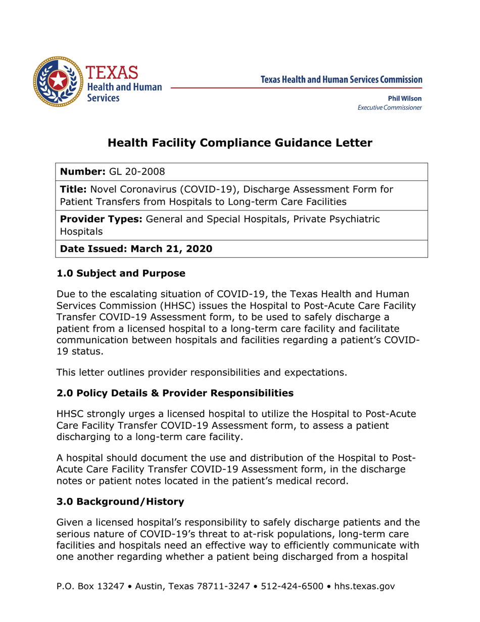 Texas Hospital to Postacute Care Facility Transfer Covid19
