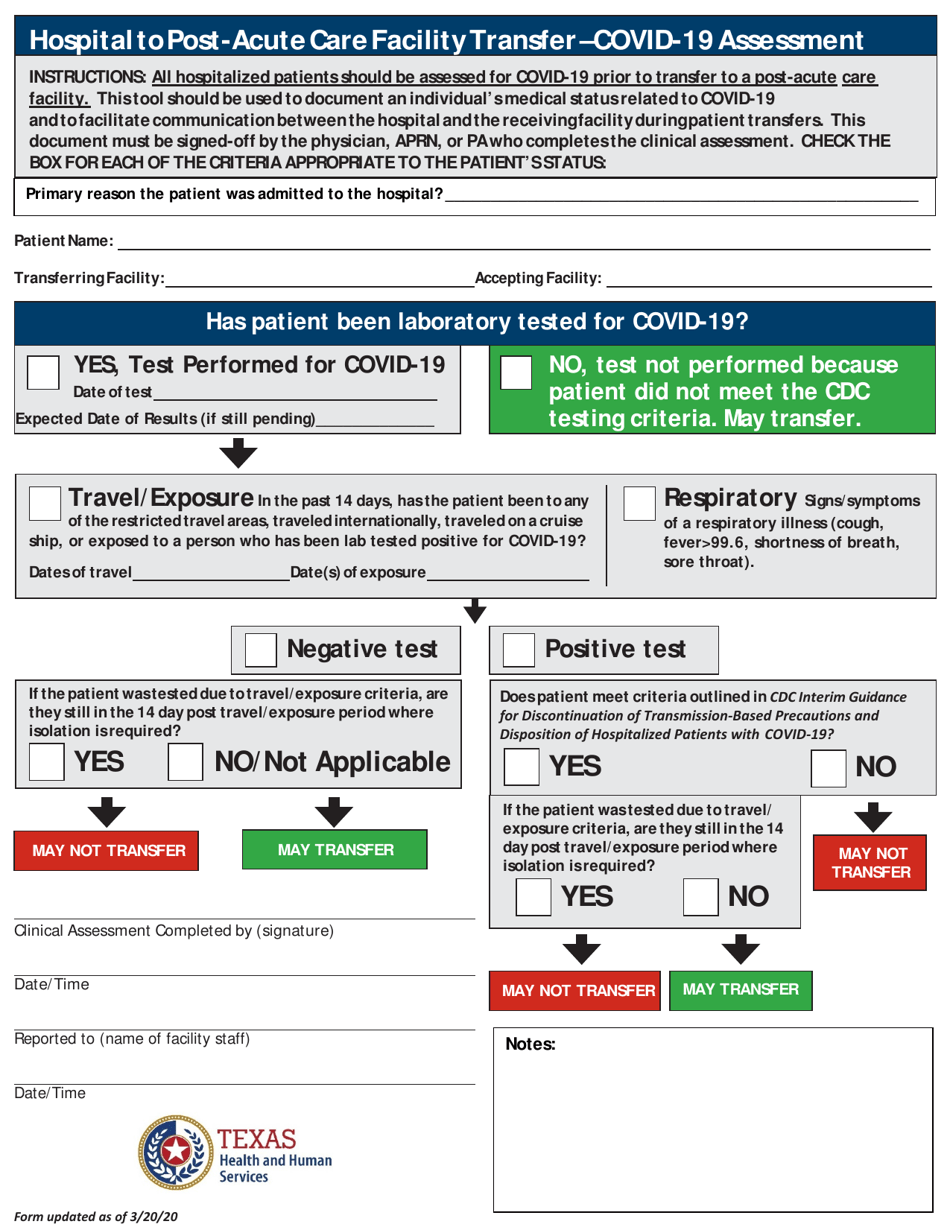 Hospital to Post-acute Care Facility Transfer - Covid-19 Assessment - Texas, Page 3
