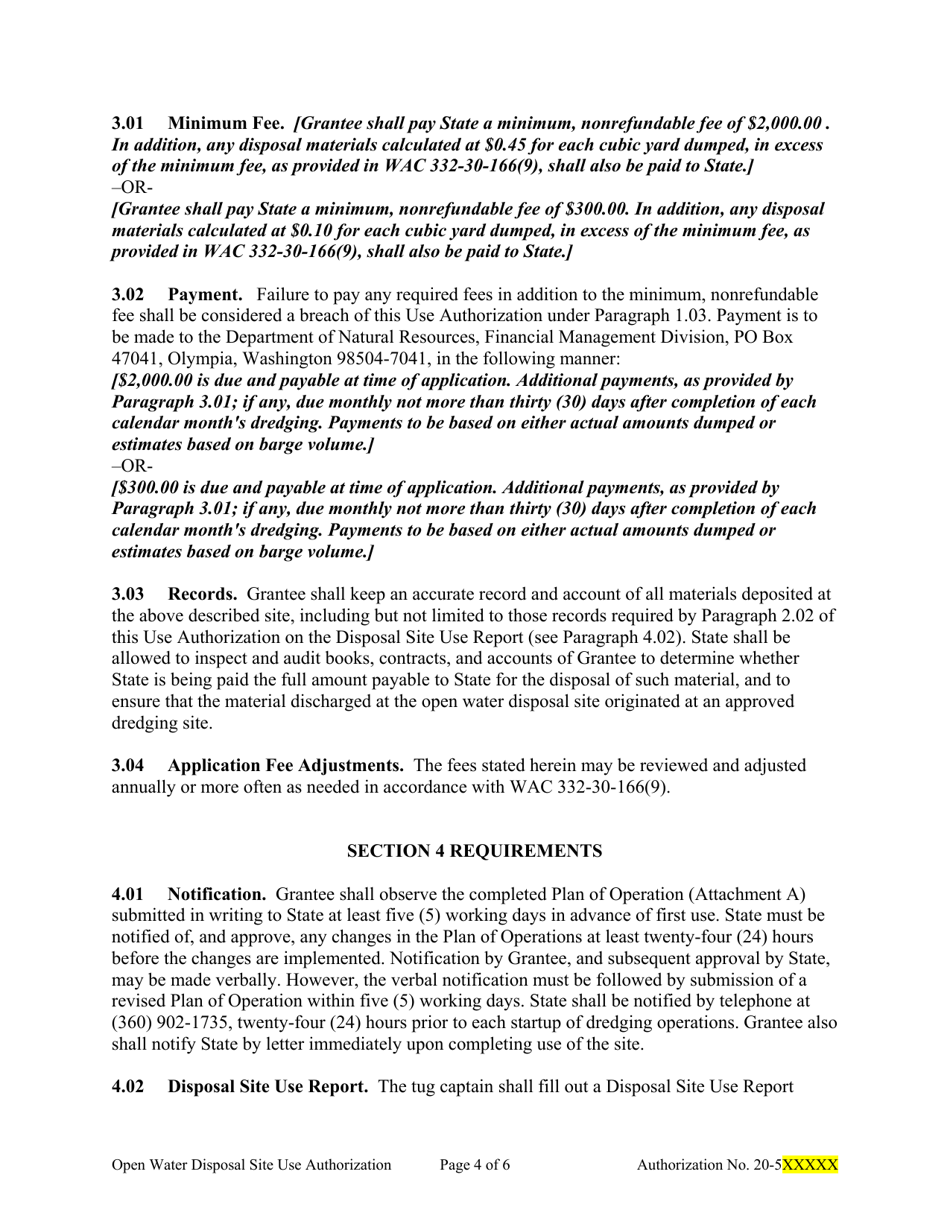 Sample Open Water Disposal Site Use Authorization for Dmmp - Washington, Page 4