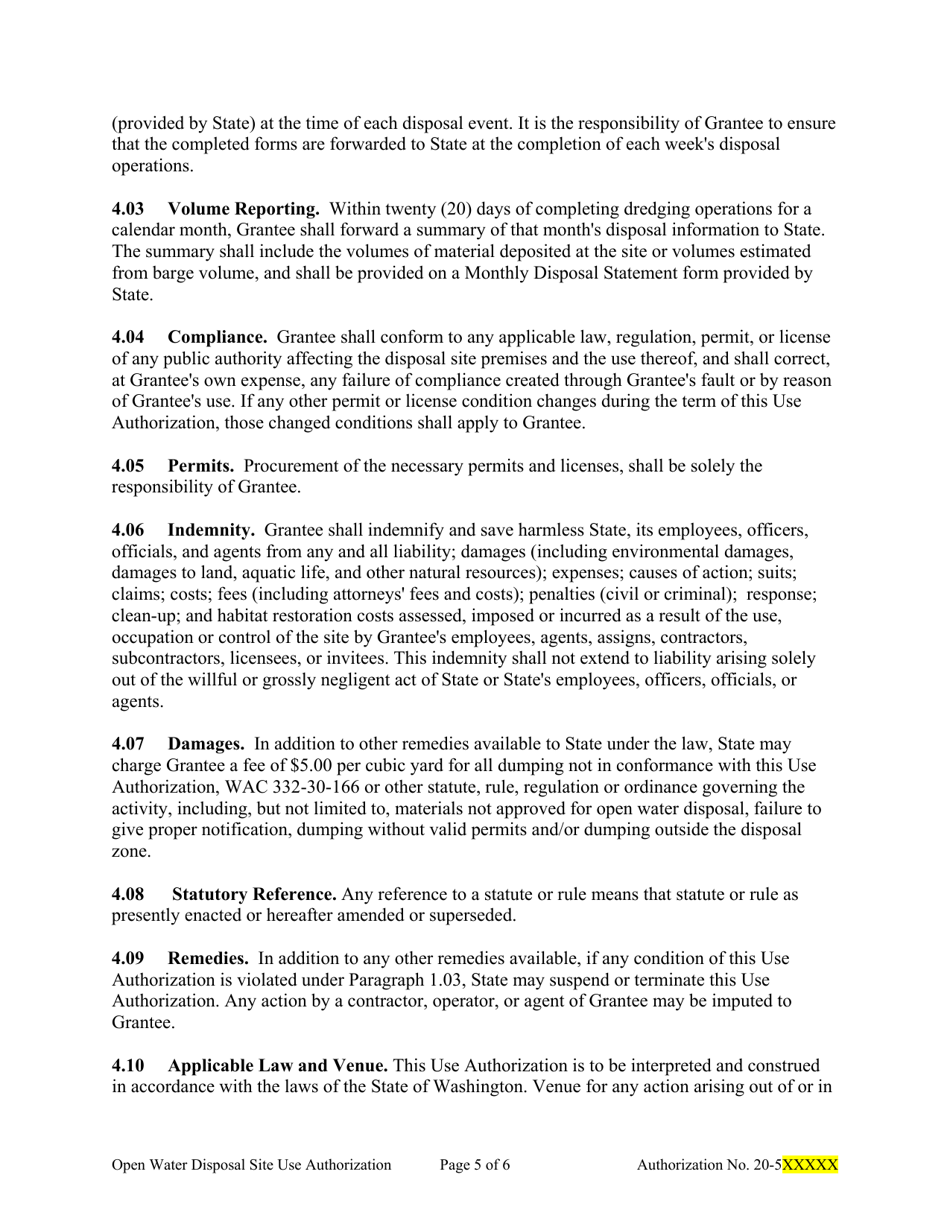 Sample Open Water Disposal Site Use Authorization for Dmmp - Washington, Page 5