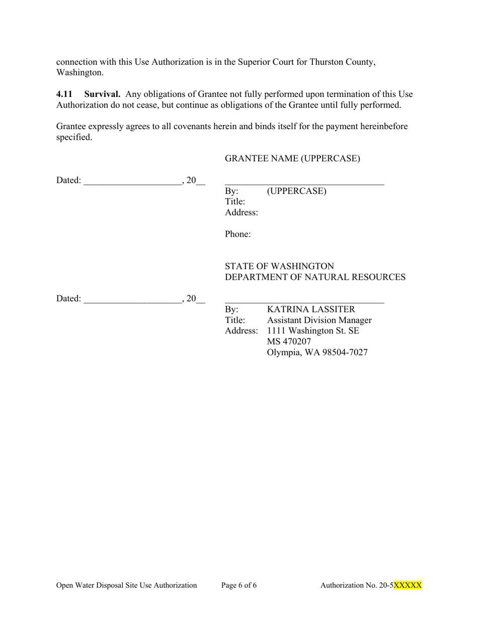 Sample Open Water Disposal Site Use Authorization for Dmmp - Washington, Page 6