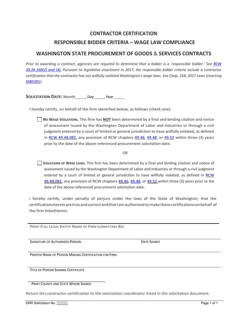 Wage Law Compliance Form for Harvesting Services - Washington, Page 1