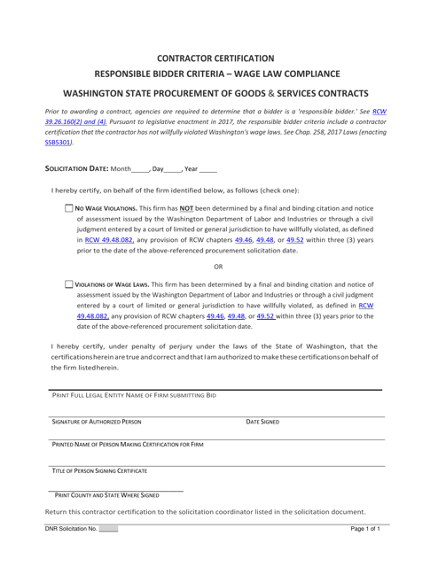 Wage Law Compliance Form for Harvesting Services - Washington