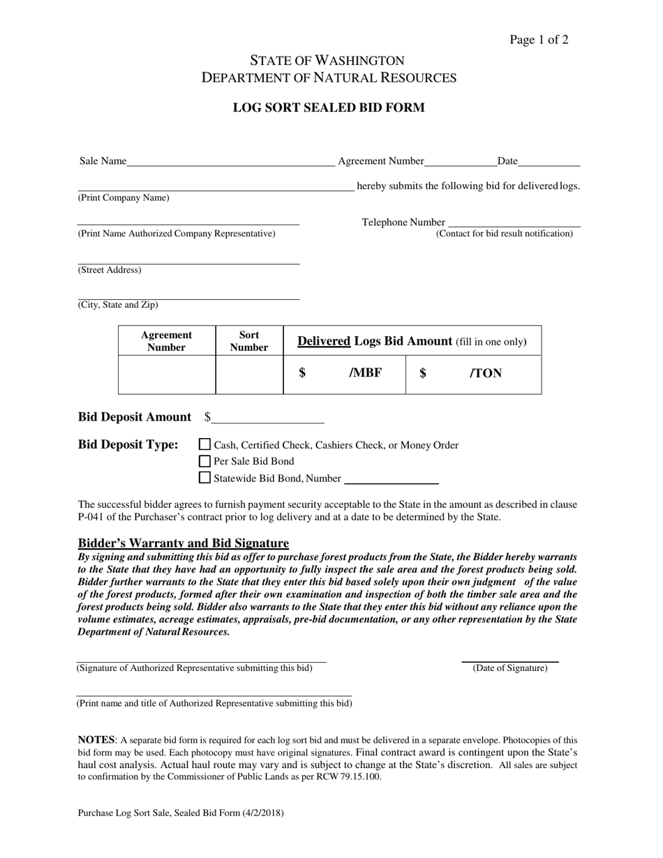 Log Sort Sealed Bid Form - Washington, Page 1