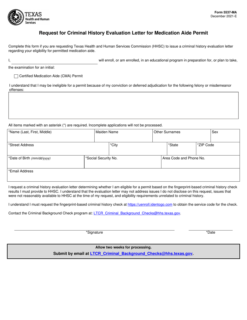 Form 5537-MA Request for Criminal History Evaluation Letter for Medication Aide Permit - Texas, Page 1